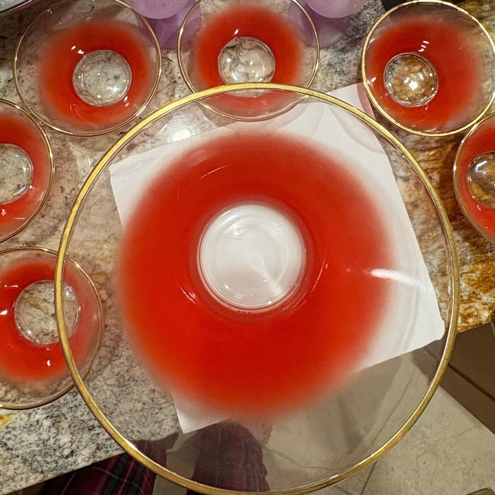 Red Ombre Gold Rimmed West Virginia Blendo “Uranium” Salad Server & 6  Bowls